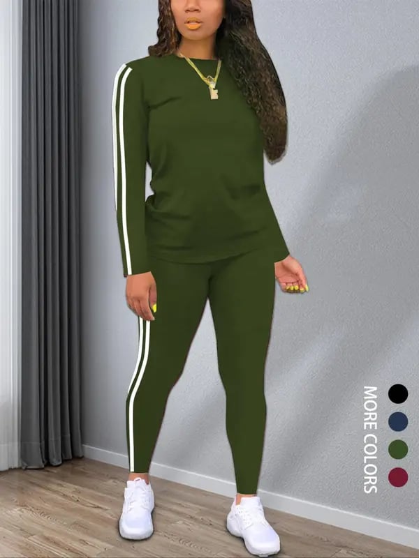 Women's Striped Print Long Sleeve Top & Pants Two-piece Set. Casual Fashion Cozy Round Neck Top & Trousers for Daily Outdoor Wear. Ladies Clothes