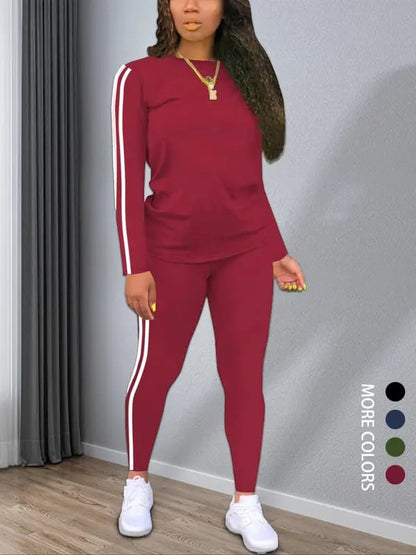 Women's Striped Print Long Sleeve Top & Pants Two-piece Set. Casual Fashion Cozy Round Neck Top & Trousers for Daily Outdoor Wear. Ladies Clothes