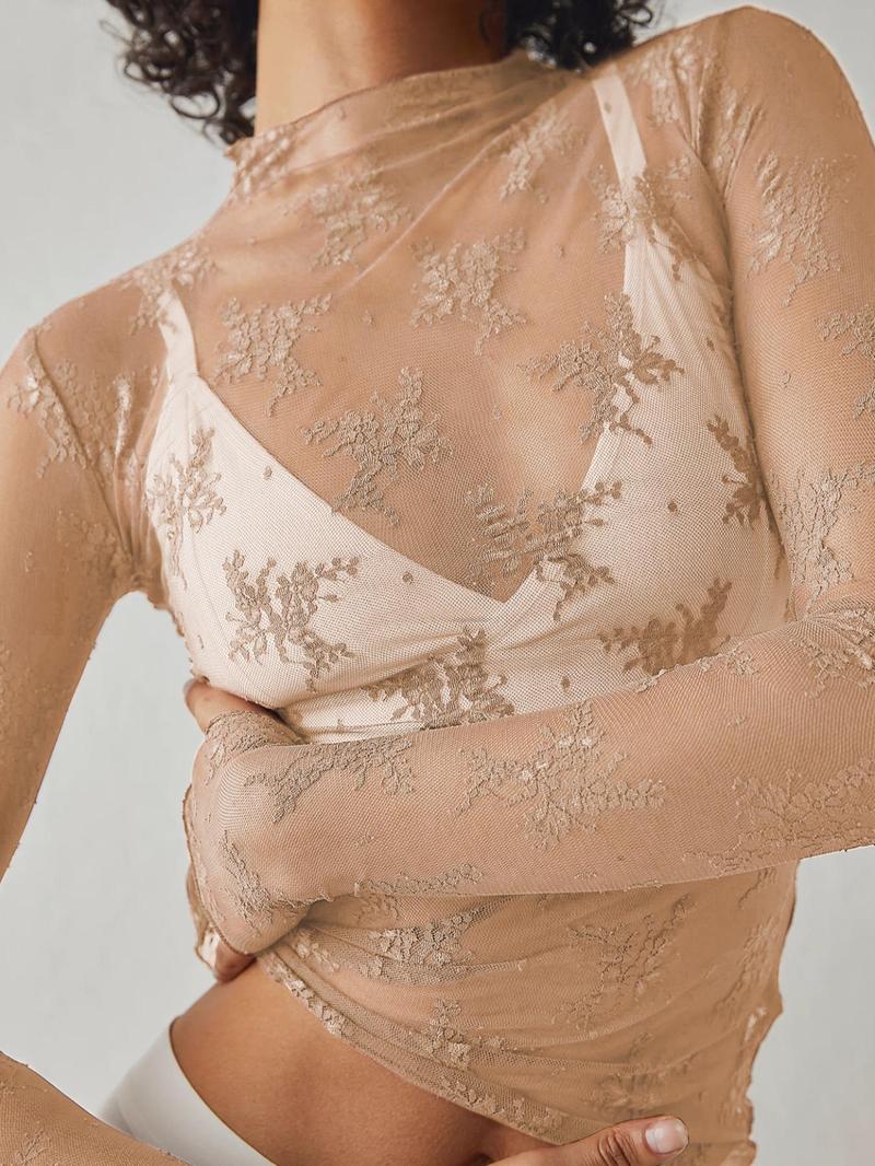 Women's Floral Lace Thumb Hole Sheer Tee