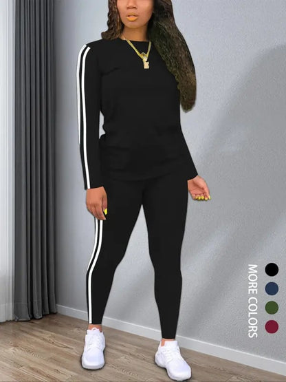 Women's Striped Print Long Sleeve Top & Pants Two-piece Set. Casual Fashion Cozy Round Neck Top & Trousers for Daily Outdoor Wear. Ladies Clothes