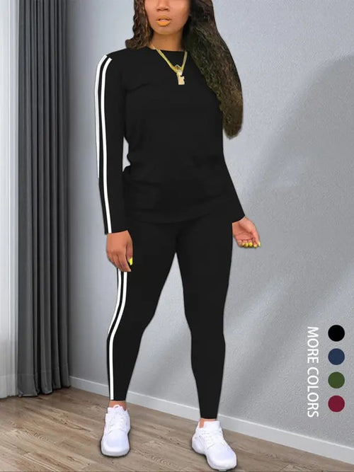 Women's Striped Print Long Sleeve Top & Pants Two-piece Set. Casual Fashion Cozy Round Neck Top & Trousers for Daily Outdoor Wear. Ladies Clothes